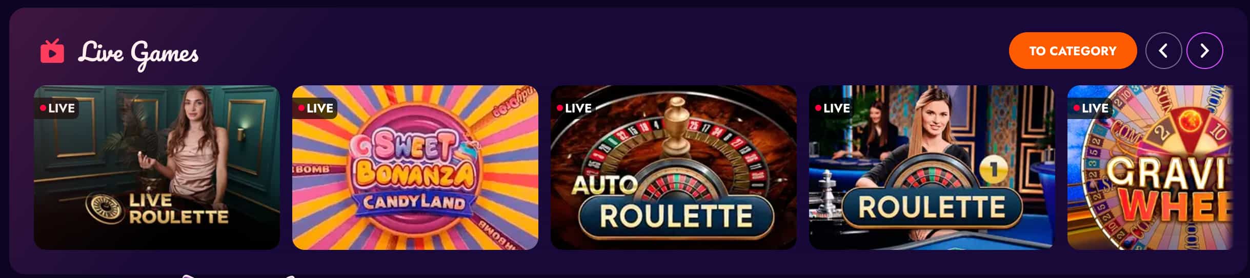 Live dealer floor panel showing blackjack, roulette and game show table counts